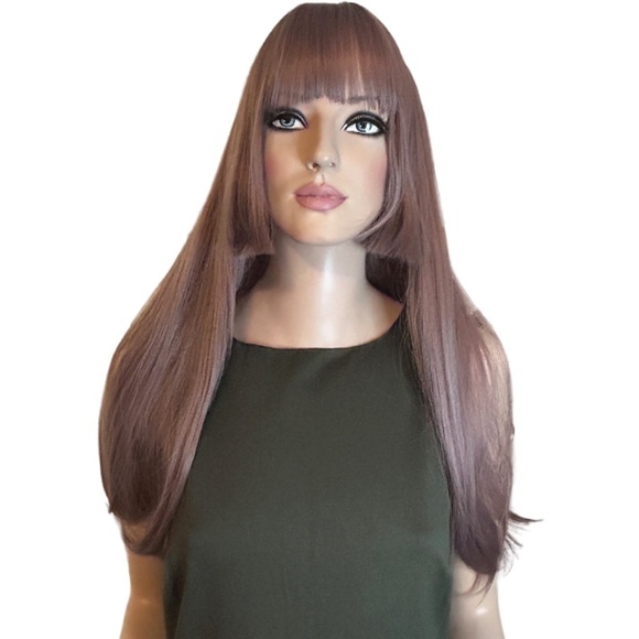 Long 22" Synthetic Wig Princess Cut w/ Bangs Dusty Pink Natural Everyday NIP - Picture 2 of 11
